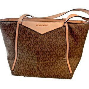 Michael Kors Tote Bag Brown Logo Print Leather Trim Style 30T8TN1T1B Authenticat